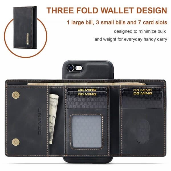 DG.MING For Apple iPhone SE /7/8 Plus Premium Trifold Wallet Leather Case With 2-in-1 Magnetic Detachable Card Holder Pocket Cover