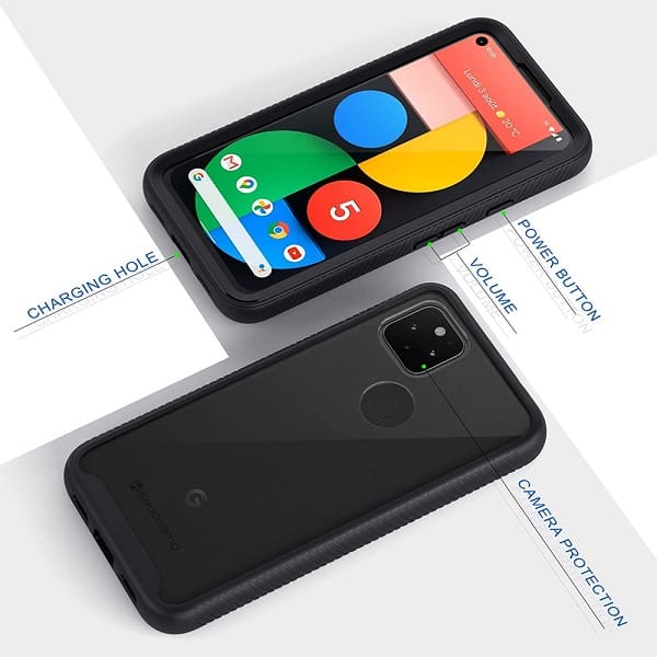 Google Pixel 5 Military Grade Full Body Shockproof Clear Heavy Duty Case Bumper Drop Protection Tough Cover (Black)