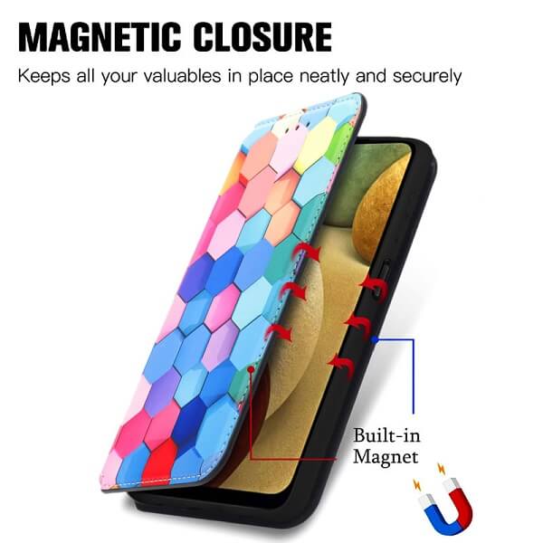 CaseNeo For Samsung Galaxy A12 Leather Wallet Flip Case With RFID Blocking Credit Card Holder Slots Cover - Colored Squares
