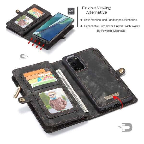 CaseMe For Samsung Galaxy Note 20 Zipper & Detachable Retro Leather Pouch With Chain Wallet Flip Purse Bag Detachable Phone Case Cover