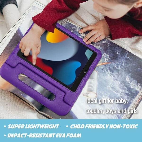 For Apple iPad 9th /8th /7th Gen 10.2 inch 2021 /2020 /2019 Kickstand Shockproof Protective Handle Stand Light Weight Kids Friendly Cover (Purple)
