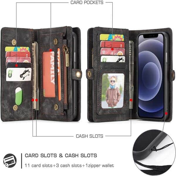 CaseMe For Apple iPhone 12 /12Mini /12 Pro /12 Pro Max Zipper & Detachable Retro Leather Pouch With Chain Wallet Flip Purse Bag Detachable Phone Case Cover