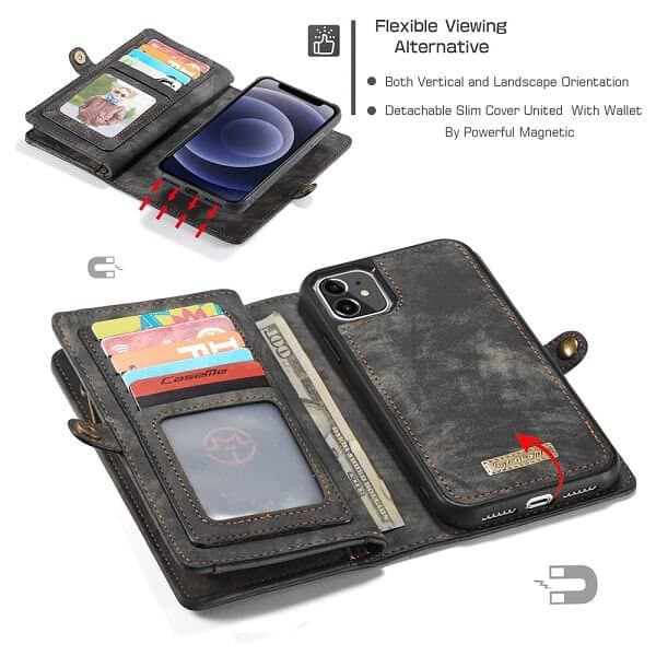 CaseMe For Apple iPhone 12 /12Mini /12 Pro /12 Pro Max Zipper & Detachable Retro Leather Pouch With Chain Wallet Flip Purse Bag Detachable Phone Case Cover