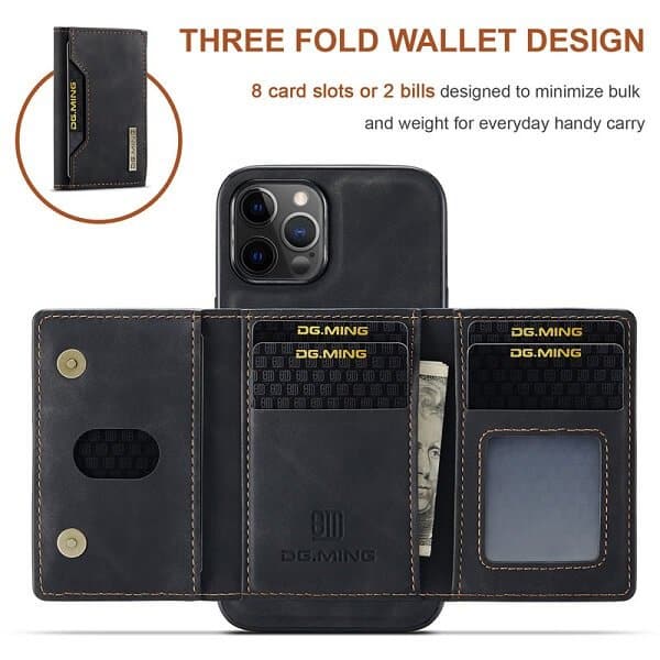 DG.MING For Apple iPhone 13 Pro / 13 Pro Max / 13 Mini Premium Trifold Wallet Leather Case With 2-in-1 Magnetic Detachable Card Holder Pocket Cover