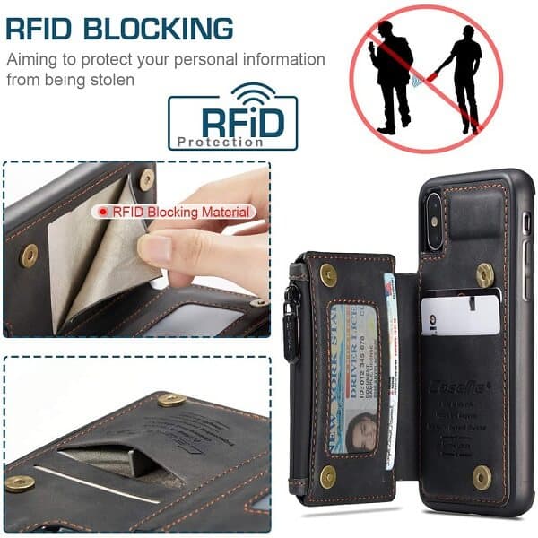 For Apple iPhone X / XS/ XR CaseMe Back Zipper Wallet Case W/ 3 Card Slots, RFID Blocking, 1 Money Pocket, Credit Card Holder Leather Cover