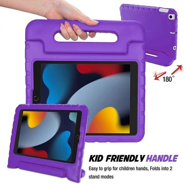 For Apple iPad 9th /8th /7th Gen 10.2 inch 2021 /2020 /2019 Kickstand Shockproof Protective Handle Stand Light Weight Kids Friendly Cover (Purple)