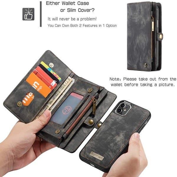 CaseMe For Apple iPhone 12 /12Mini /12 Pro /12 Pro Max Zipper & Detachable Retro Leather Pouch With Chain Wallet Flip Purse Bag Detachable Phone Case Cover