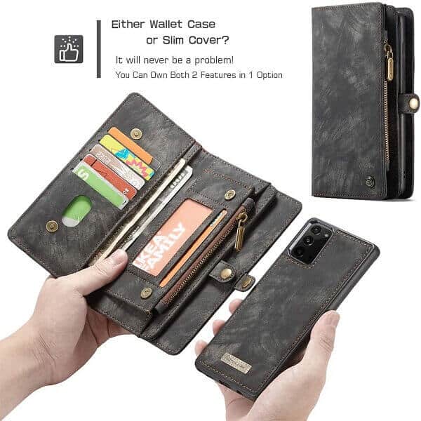 CaseMe For Samsung Galaxy Note 20 Zipper & Detachable Retro Leather Pouch With Chain Wallet Flip Purse Bag Detachable Phone Case Cover