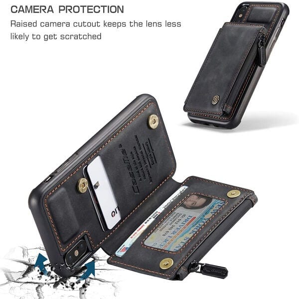 For Apple iPhone X / XS/ XR CaseMe Back Zipper Wallet Case W/ 3 Card Slots, RFID Blocking, 1 Money Pocket, Credit Card Holder Leather Cover