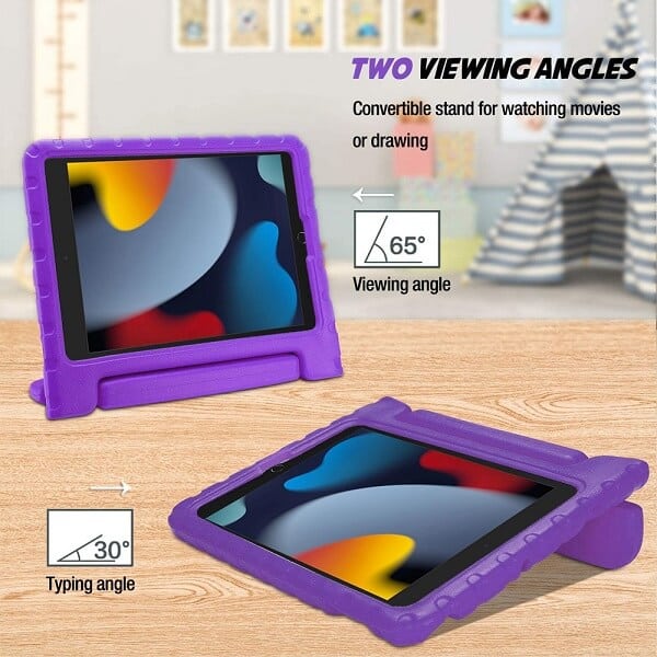 For Apple iPad 9th /8th /7th Gen 10.2 inch 2021 /2020 /2019 Kickstand Shockproof Protective Handle Stand Light Weight Kids Friendly Cover (Purple)
