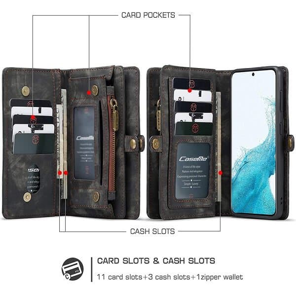 CaseMe For Samsung Galaxy S22 | S22+ /S22 Plus | S22 Ultra Zipper & Detachable Retro Leather Pouch With Chain Wallet Flip Purse Bag Detachable Phone Case Cover