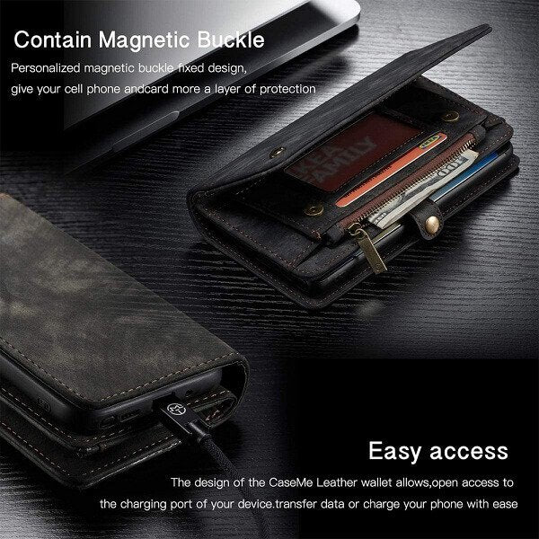 CaseMe For Samsung Galaxy Note 20 Zipper & Detachable Retro Leather Pouch With Chain Wallet Flip Purse Bag Detachable Phone Case Cover