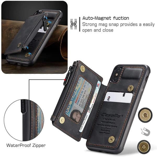 For Apple iPhone X / XS/ XR CaseMe Back Zipper Wallet Case W/ 3 Card Slots, RFID Blocking, 1 Money Pocket, Credit Card Holder Leather Cover
