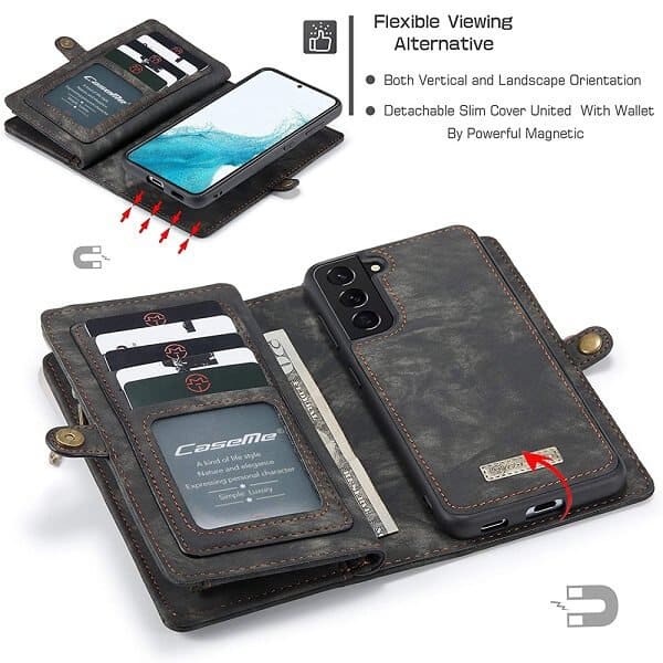 CaseMe For Samsung Galaxy S22 | S22+ /S22 Plus | S22 Ultra Zipper & Detachable Retro Leather Pouch With Chain Wallet Flip Purse Bag Detachable Phone Case Cover