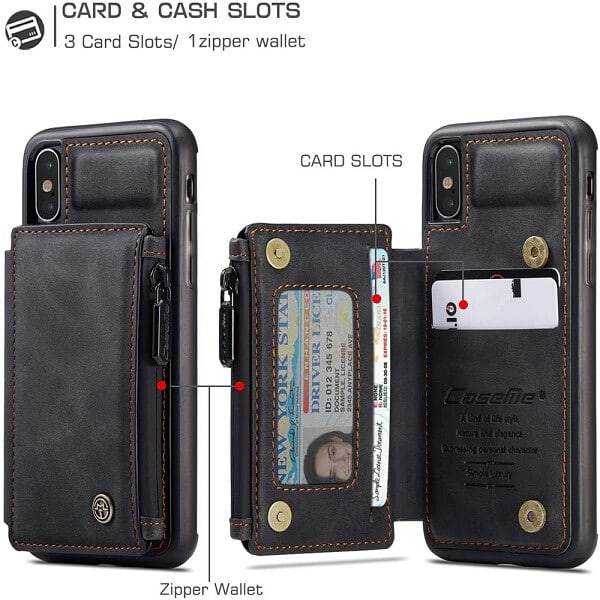 For Apple iPhone X / XS/ XR CaseMe Back Zipper Wallet Case W/ 3 Card Slots, RFID Blocking, 1 Money Pocket, Credit Card Holder Leather Cover