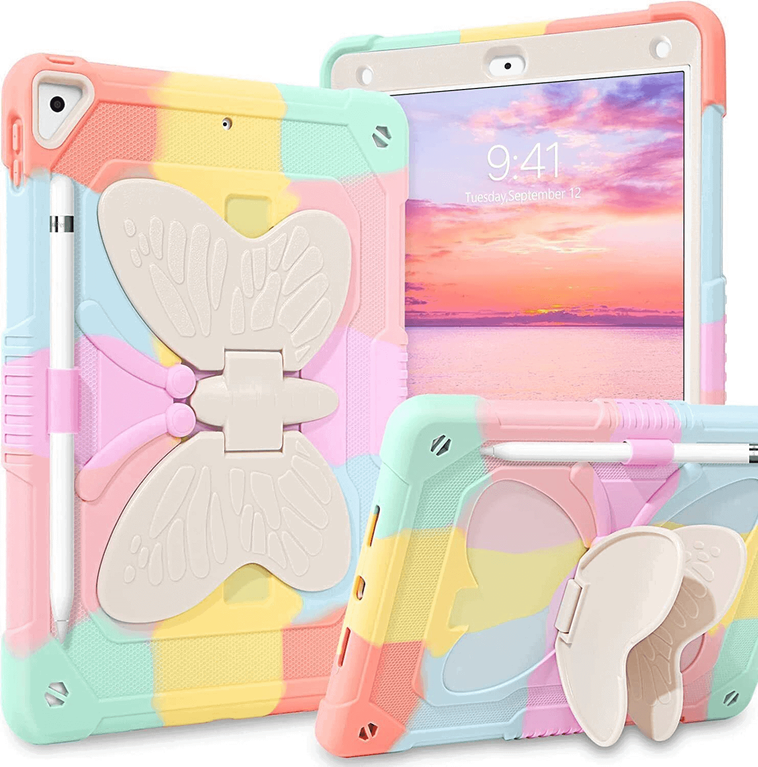 For Apple iPad 5th / 6th Gen / 9.7 2017 /2018 / Pro 9.7 / Air 1 / Air 2 Butterfly Fancy Shockproof Heavy Duty Kickstand Case Cover With Pencil Holder (Rainbow)