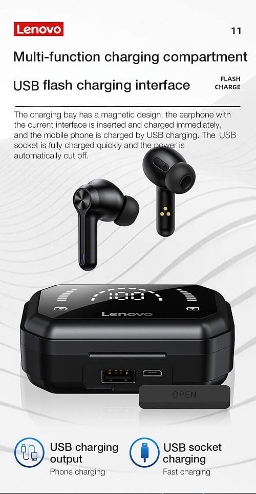 Lenovo LP3 Pro TWS Bluetooth 5.0 Earbuds Dual Drivers HiFi Stereo 1200mAh LED Noise Cancellation Mic Sports Earphone Wireless Headphone