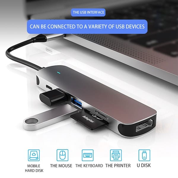 6in1, 6W USB Type C Hub With 4K HDMI, 2 USB Ports, SD/TF Card Reader USB C Adapter Dock for MacBook Air/Pro/Chromebook/Type C Laptops