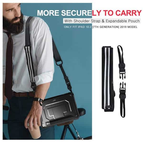 For iPad 9th /8th /7th Gen 10.2 inch For Kids With Pencil Holder Shockproof Heavy Duty Kickstand Shoulder Belt Cover (Black)