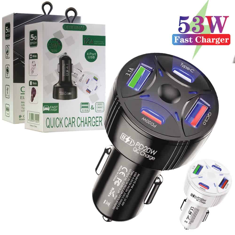 53W 12A 20W 2 PD USB Type C + 2 USB QC3.0 Multi 4 Ports Fast Charging Car Charger Socket Adapter