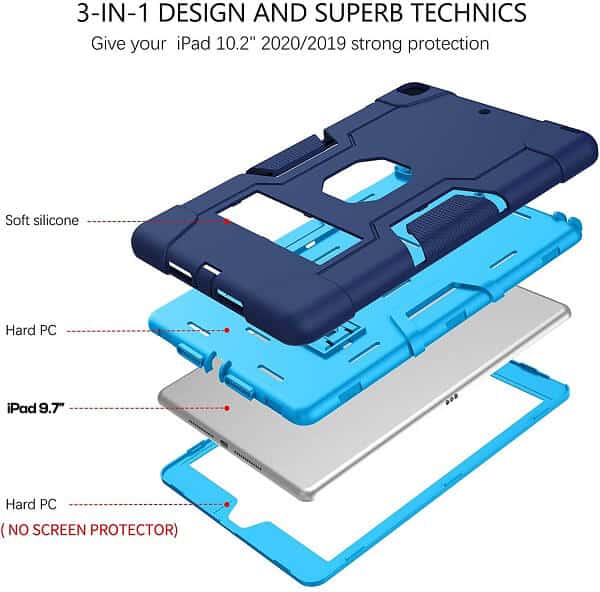 For Apple iPad 6th/5th Generation /Air 1/Air 2 9.7 inch Kids Friendly Hybrid Fancy Shockproof Heavy Duty Kickstand Case Cover (Black)