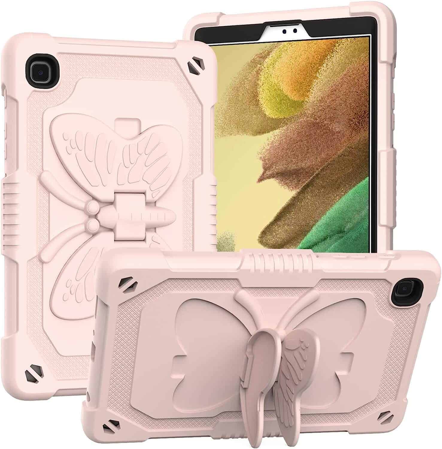For Samsung Galaxy Tab A7 Lite 2021 8.7 Inch Tablet SM-T225 / T220 Butterfly Fancy Shockproof Heavy Duty Kickstand Case Cover (Pink)