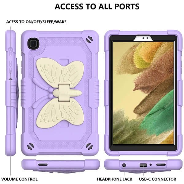 For Samsung Galaxy Tab A7 Lite 2021 8.7 Inch Tablet SM-T225 / T220 Butterfly Fancy Shockproof Heavy Duty Kickstand Case Cover (Purple)