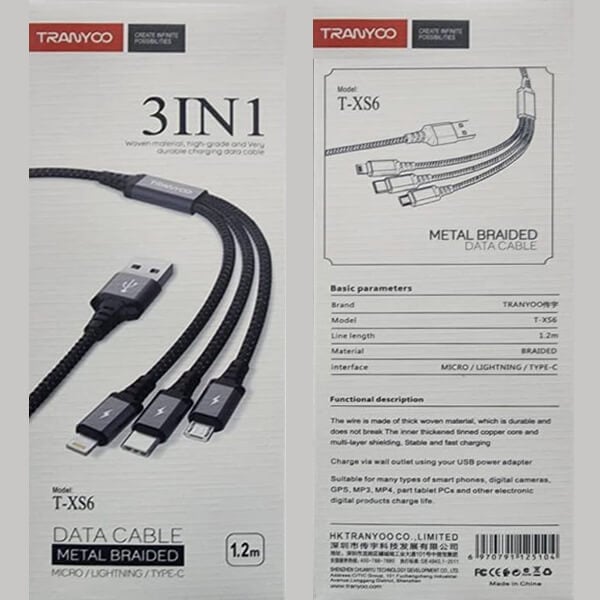 TRANYOO (T-XS6) 1.2M 3 in 1 Fast Charging Braided Multi Charger Cable