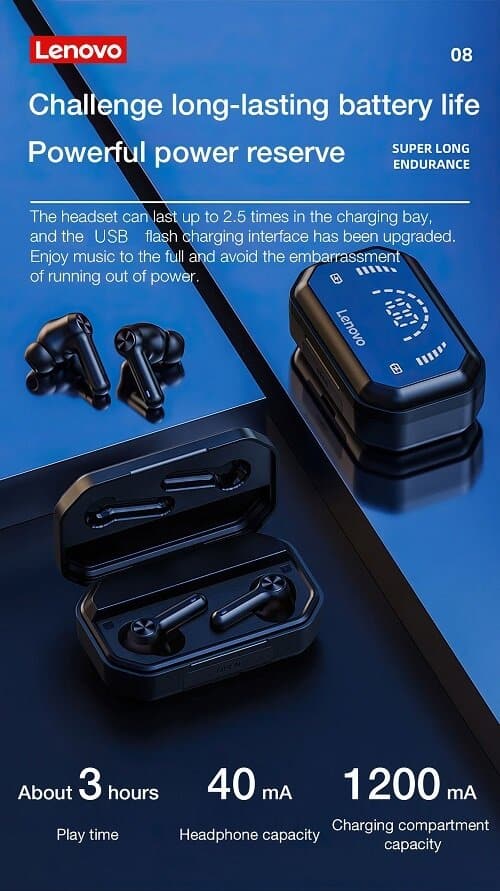Lenovo LP3 Pro TWS Bluetooth 5.0 Earbuds Dual Drivers HiFi Stereo 1200mAh LED Noise Cancellation Mic Sports Earphone Wireless Headphone
