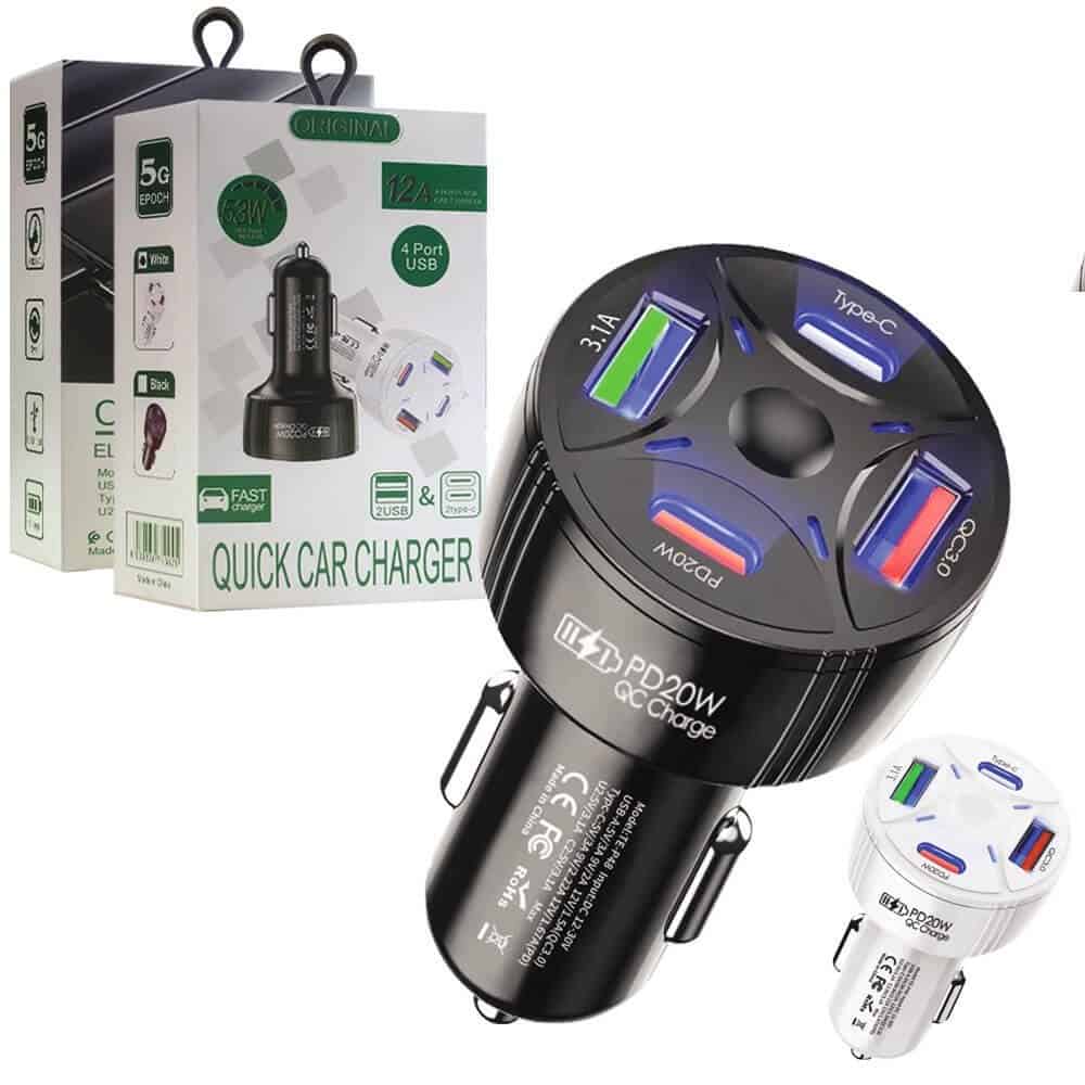 53W 12A PD + USB QC3.0 Multi 4 Ports Fast Charging Car Charger Cigarette Lighter Adapter