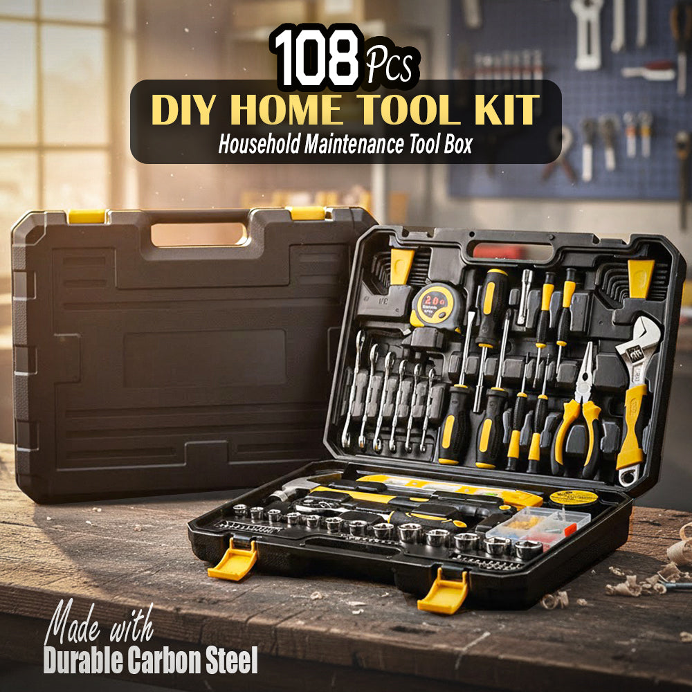 108 Piece Home Repair Tool Kit DIY Household Maintenance Set with Hammer Screwdrivers Pliers Socket Wrench Case