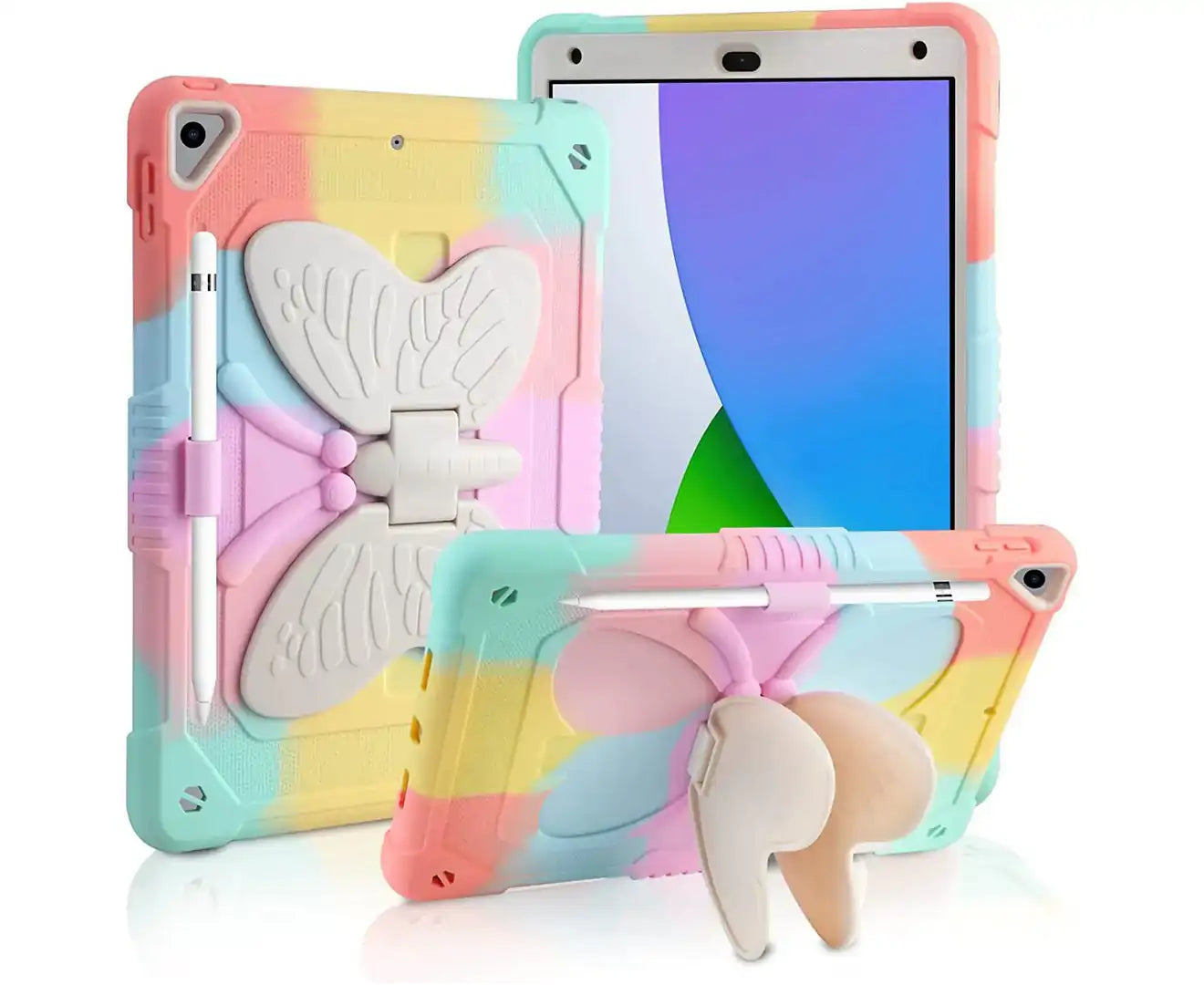 Apple iPad 10.2 inch 9th/8th/7th Gen/Air 3/Pro 10.5 inch Butterfly Shockproof Heavy Duty Kickstand Case Pencil Holder Cover (Rainbow)