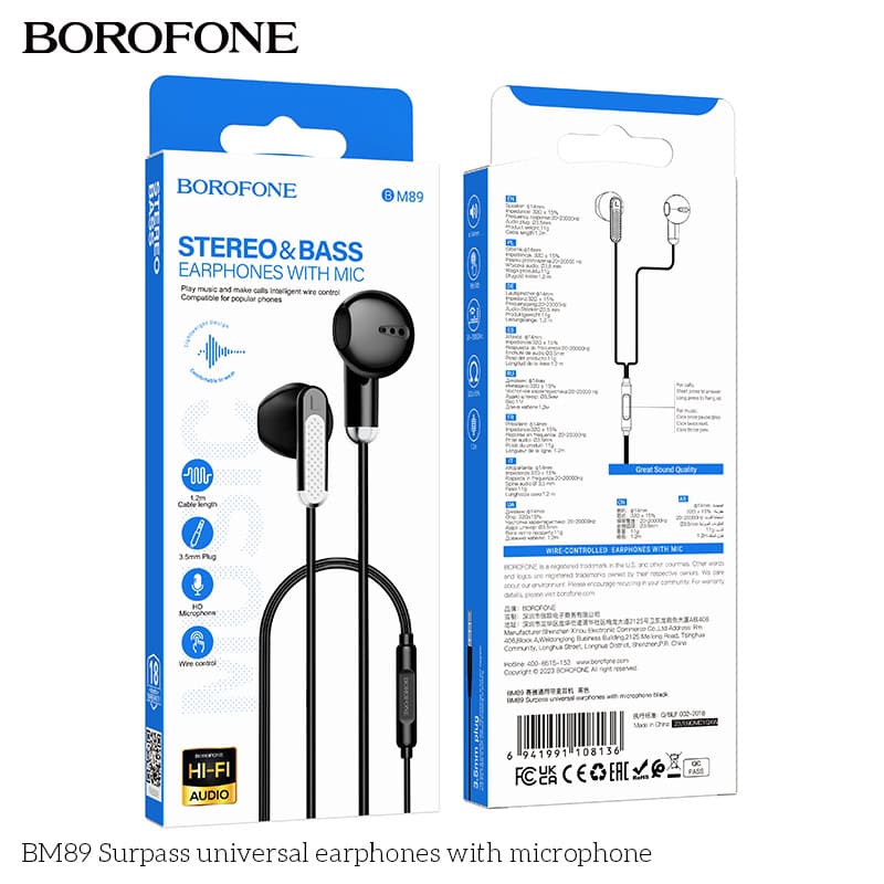 Borofone BM89 In-Ear Wired Earphones Earbuds Headphones, 3.5mm Jack, with Microphone and Volume Control for iPhone, Samsung, iPad,MP3,Most 3.5mm Audio Devices