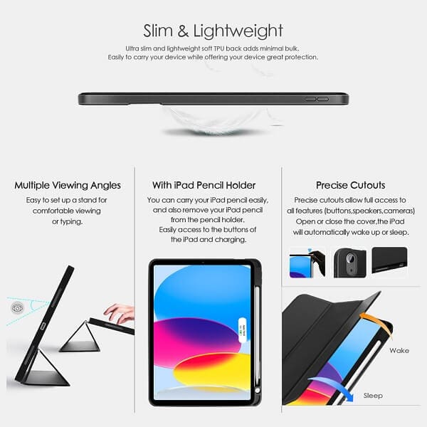 With Pencil Holder Apple iPad 10th Gen 10.9 inch 2022 Folio Auto Sleep /Wake Cover Soft Flexible Case Cover (Black)