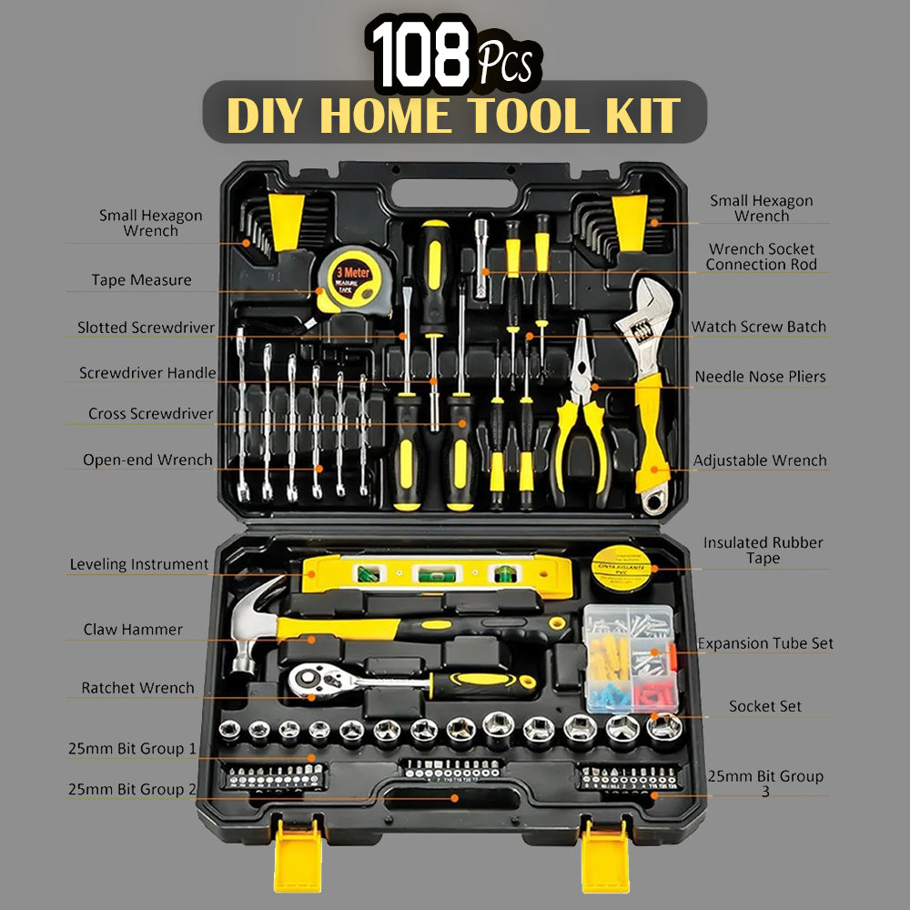 108 Piece Home Repair Tool Kit DIY Household Maintenance Set with Hammer Screwdrivers Pliers Socket Wrench Case