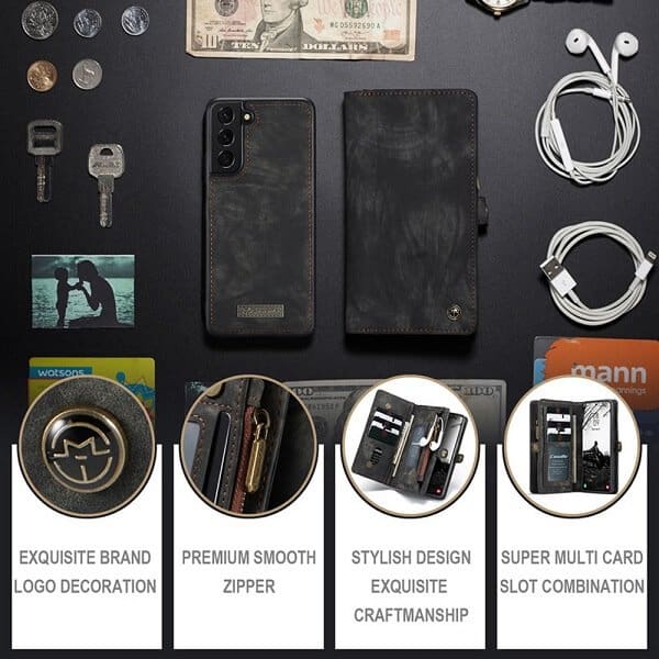 CaseMe For Samsung Galaxy S22 | S22+ /S22 Plus | S22 Ultra Zipper & Detachable Retro Leather Pouch With Chain Wallet Flip Purse Bag Detachable Phone Case Cover