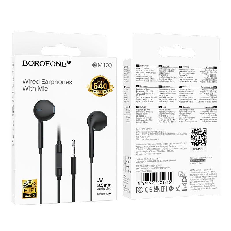 Borofone BM100 In-Ear Wired Earphones Earbuds Headphones, 3.5mm Jack, with Microphone and Volume Control for iPhone, Samsung, iPad,MP3,Most 3.5mm Audio Devices