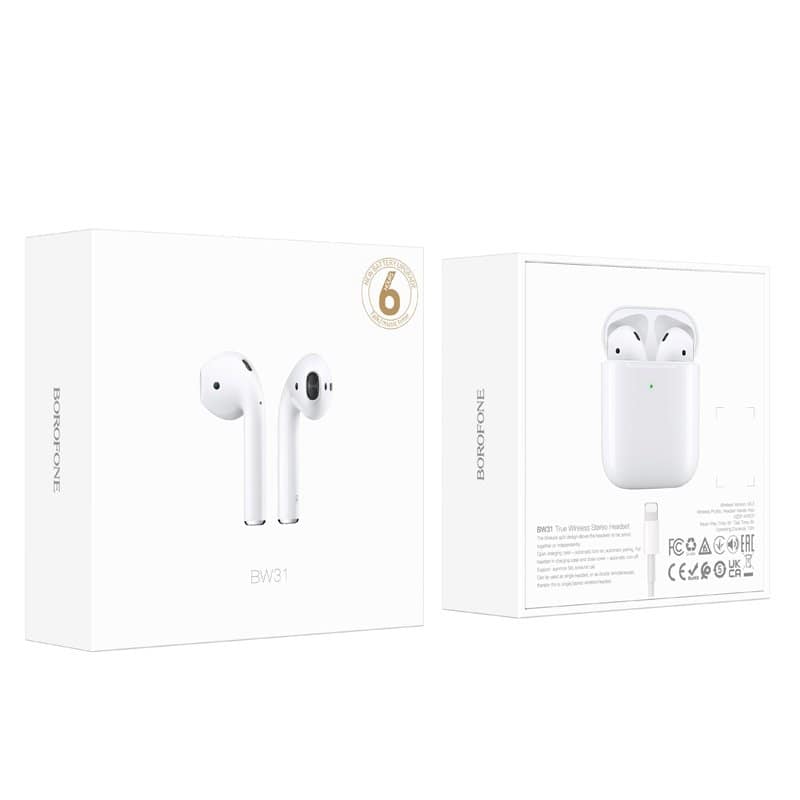 Borofone BW31 TWS Bluetooth Earphone Earbud Touch Control Headphone Sports Earbuds Waterproof Headset Mic -Universal Air Pods (White)