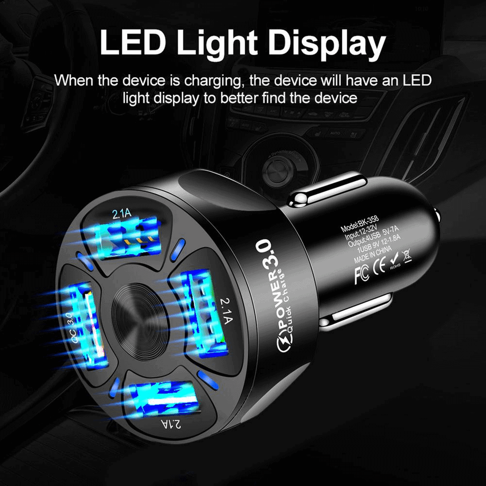 Universal 35W 7A QC3.0 4USB Ports Fast Charging Car Charger With LED Light 12-24V Adapter