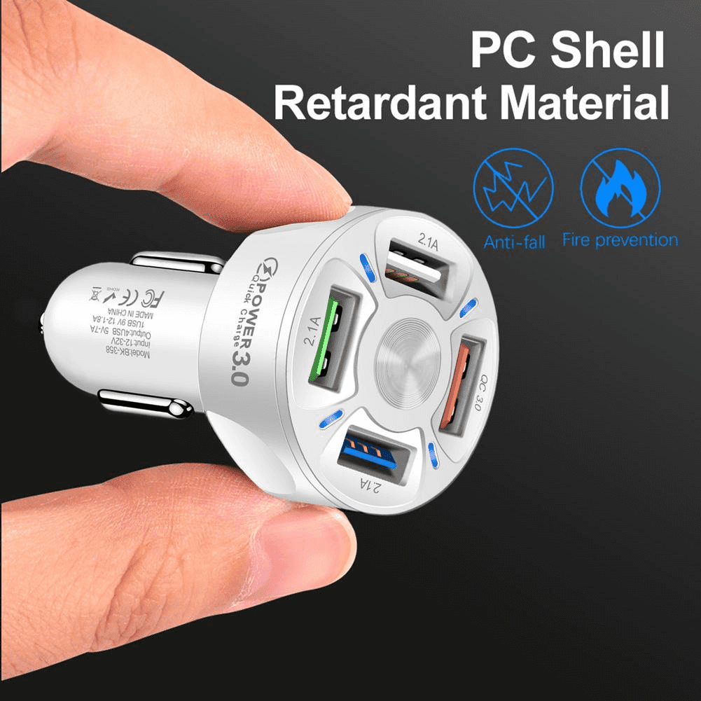 Universal 35W 7A QC3.0 4USB Ports Fast Charging Car Charger With LED Light 12-24V Adapter