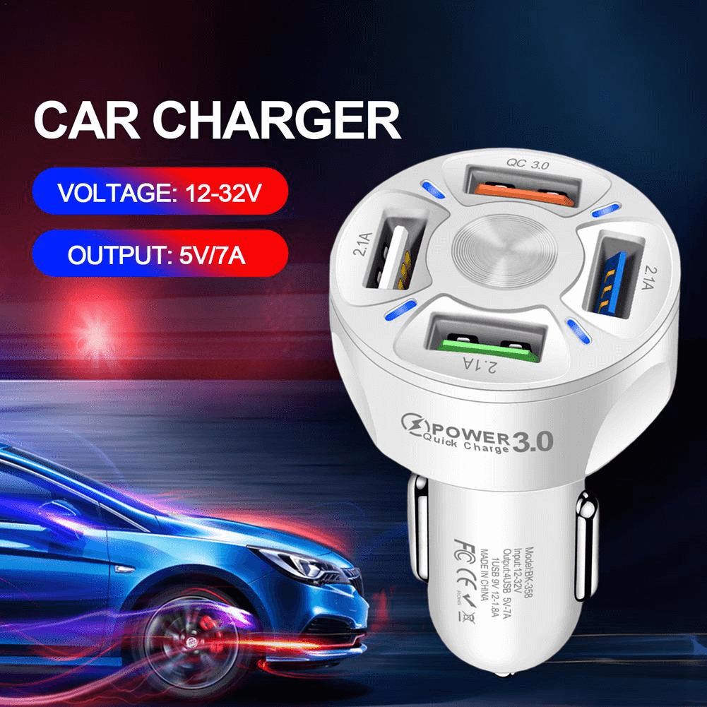 Universal 35W 7A QC3.0 4USB Ports Fast Charging Car Charger With LED Light 12-24V Adapter