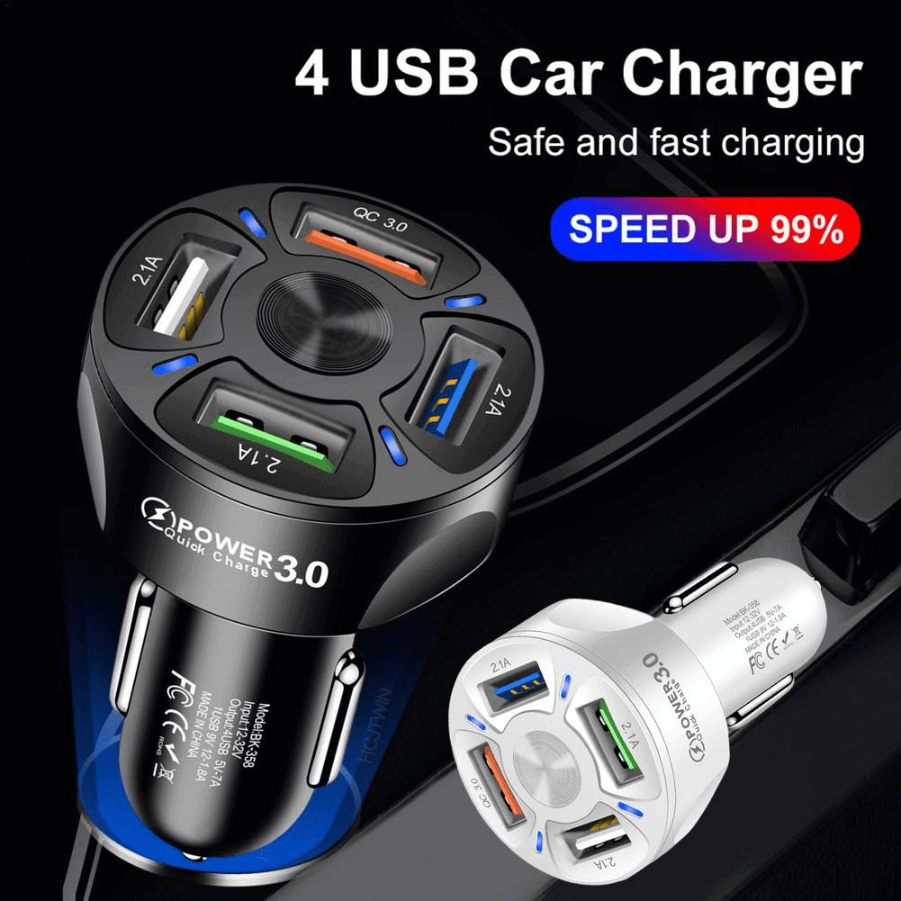 Universal 35W 7A QC3.0 4USB Ports Fast Charging Car Charger With LED Light 12-24V Adapter