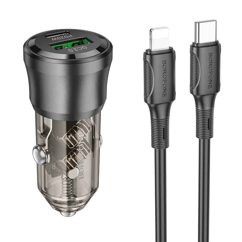 BOROFONE BZ25 Journey PD38W (1C1A) Fast Charging Quick Car Charger With PD USB Type C to Lightning Cable (Transparent Black)