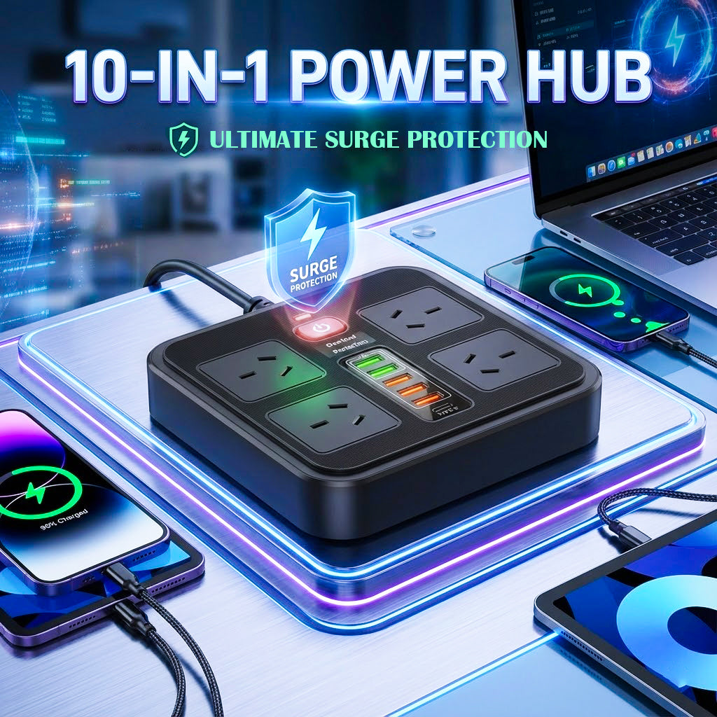 10-in-1 Power Strip with USB, 4 Outlets, 5 USB Ports, 1.8m Cord, Surge Protection, Wall Mountable, 2500W, Ideal for Home, Office & Gaming