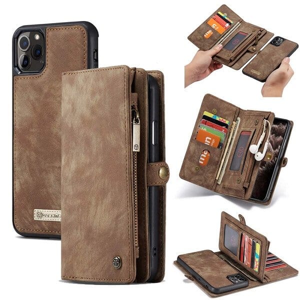 CaseMe For Apple iPhone 11 /11 Pro / 11 Pro Max Zipper & Detachable Retro Leather Pouch With Chain Wallet Flip Purse Bag Detachable Phone Case Cover