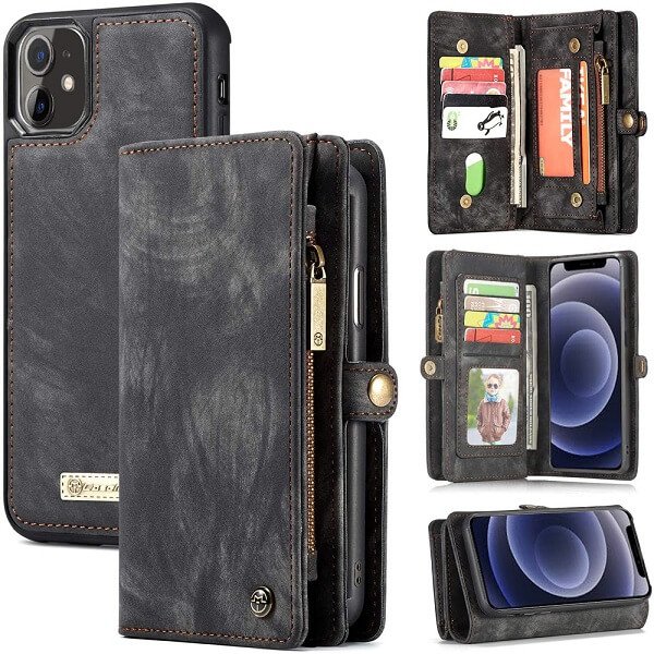 CaseMe For Apple iPhone 12 /12Mini /12 Pro /12 Pro Max Zipper & Detachable Retro Leather Pouch With Chain Wallet Flip Purse Bag Detachable Phone Case Cover
