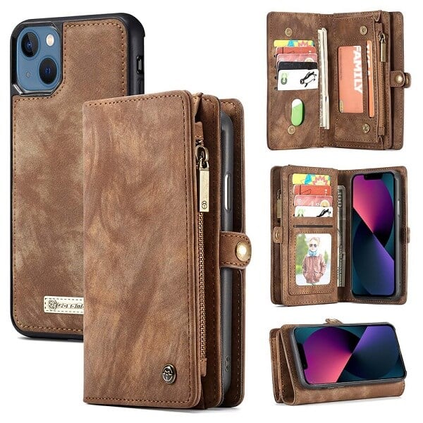 CaseMe For Apple iPhone 15/14/13 /13 Pro / 13 Pro Max / 13 Mini Zipper & Detachable Retro Leather Pouch With Chain Wallet Flip Purse Bag Detachable Phone Case Cover