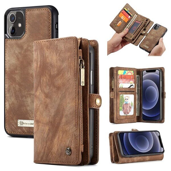 CaseMe For Apple iPhone 12 /12Mini /12 Pro /12 Pro Max Zipper & Detachable Retro Leather Pouch With Chain Wallet Flip Purse Bag Detachable Phone Case Cover
