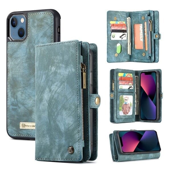 CaseMe For Apple iPhone 15/14/13 /13 Pro / 13 Pro Max / 13 Mini Zipper & Detachable Retro Leather Pouch With Chain Wallet Flip Purse Bag Detachable Phone Case Cover