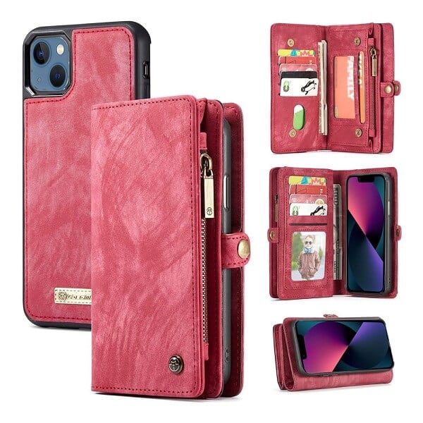CaseMe For Apple iPhone 15/14/13 /13 Pro / 13 Pro Max / 13 Mini Zipper & Detachable Retro Leather Pouch With Chain Wallet Flip Purse Bag Detachable Phone Case Cover